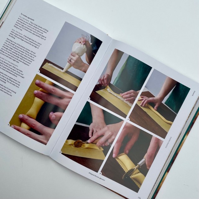 Image of book pages demonstrating how to roll and cut pasta shapes